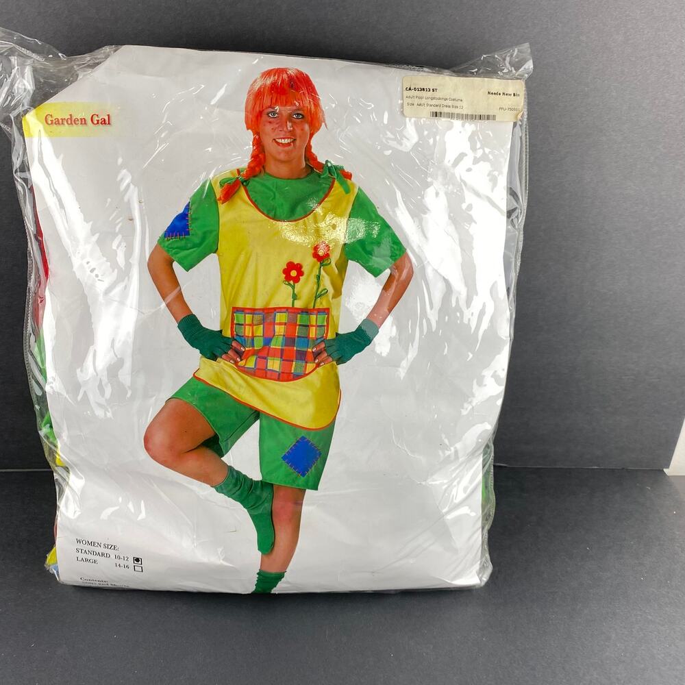 Garden Gal Pippi Longstocking Costume Adult Size 12 Dress Shorts Red Wig